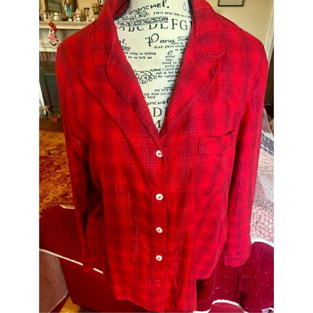Victoria's Secret THE FLANNEL PJ Top Dark Red Plaid SOFT